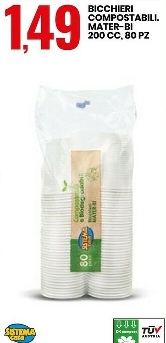 Eurospin Sistema Casa Bicchieri Compostabili Mater-Bi 200CC 80 Pz offerta