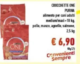 Conad Crocchette One Purina alimento per cani adulti medium/maxi - 10 kg. pollo, manzo, agnello, salmone, 2,5 kg offerta