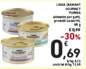 Conad Gourmet Linea Diamant Purina alimento per gatti, prodotti assortiti, 85 g offerta