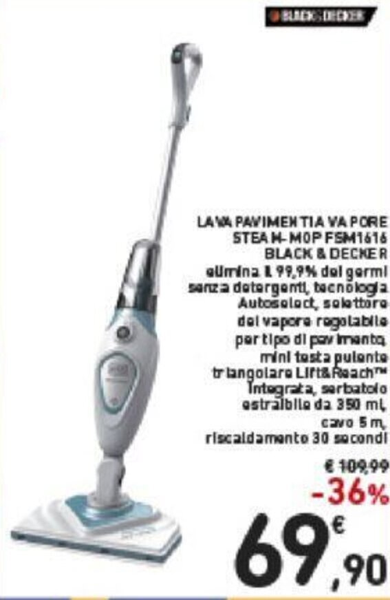 Black & Decker Lava Pavimentia Vapore Steam Mop FSM1616 offerta di Conad