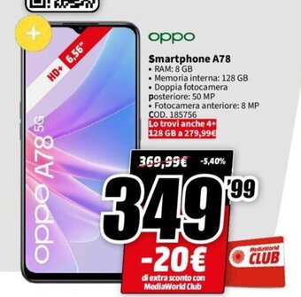 MediaWorld oppo Smartphone A78 offerta