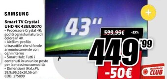 MediaWorld Samsung Smart TV Crystal UHD 4K 43BU8070 offerta