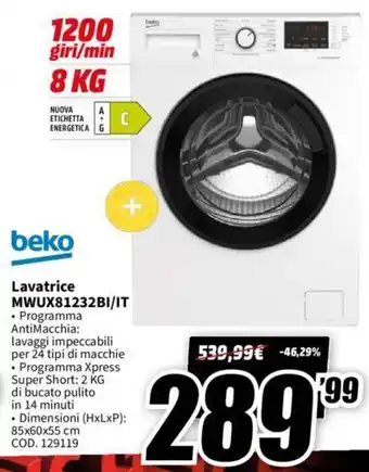 MediaWorld beko Lavatrice MWUX81232BI/IT offerta