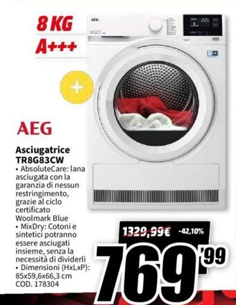 MediaWorld AEG Asciugatrice TR8G83CW offerta