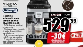 MediaWorld DeLonghi Macchina automatica per caffè in chicchi ECAM290.61.SB offerta