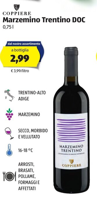 ALDI Coppiere Marzemino Trentino DOC 0,75l offerta