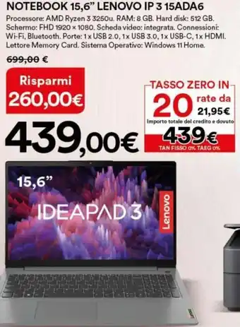 Ipercoop Lenovo Notebook 15,6" IP 3 15ADA6 offerta