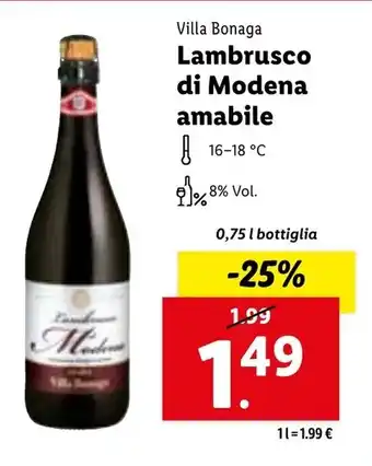 Lidl Villa Bonaga Lambrusco di Modena amabile 0,75 l bottiglia offerta