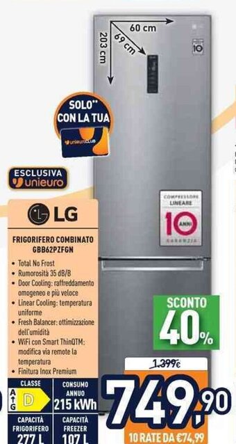 Unieuro LG Frigorifero Combinato GBB62PZFGN offerta