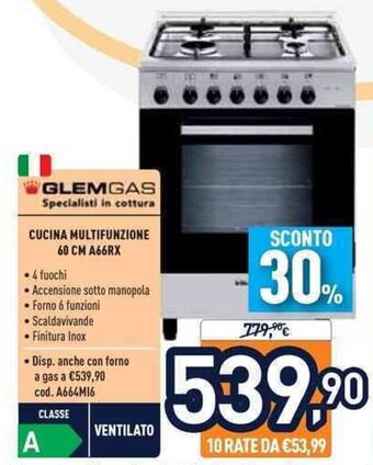 Unieuro Glemgas Cucina Multifunzione 60 cm A66RX offerta