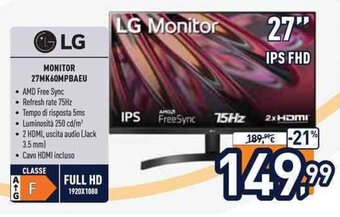 Unieuro LG Monitor 27MK60MPBAEU offerta