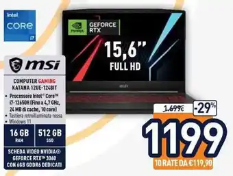 Unieuro msi Computer Gaming Katana 12UE-1248IT offerta