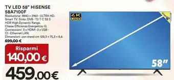 Coop Hisense 58A7100F TV LED 58" 4K Ultra HD Smart Tv offerta