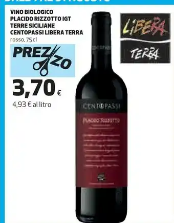 Coop Libera terra Centopassi Vino Biologico Placido Rizzotto Igt Terre Siciliane Rosso 75 Cl offerta