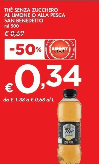Bennet San Benedetto Thè Zero Zucchero Limone 500 G(ml) offerta