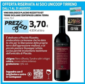 Coop Centopassi Vino Biologico Placido Rizzotto Igt Terre Siciliane offerta