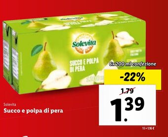 Lidl Solevita Succo E Polpa di Pera 6x200 ml confezione offerta