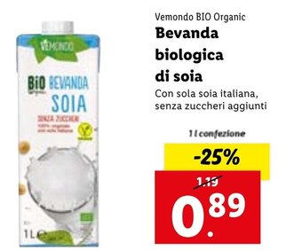 Lidl Vemondo Bio Organic Bevanda Biologica di Soia 1 l confezione offerta