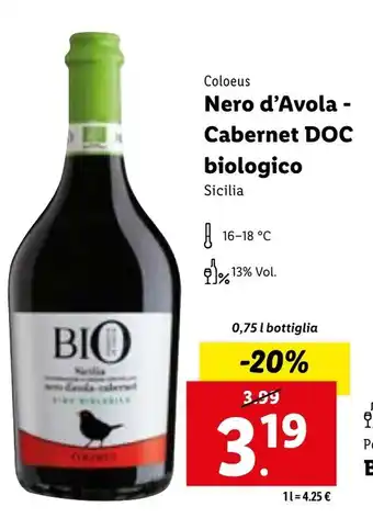 Lidl Coloeus Nero D'Avola Cabernet DOC Biologico 0,75 ml bottiglia offerta