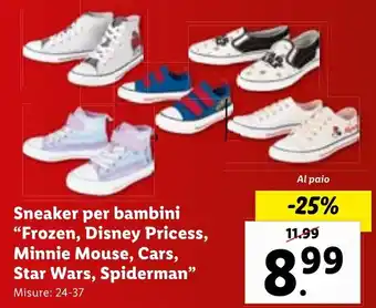 Sneaker Per Bambini "Frozen, Disney Princess, Minnie Mouse, Cars, Star Wars, Spiderman"