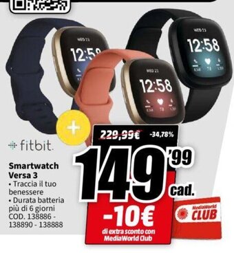 MediaWorld fitbit Smartwatch Versa 3 offerta