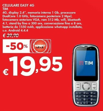 TIM Easy 4G 6,1 Cm (2.4") 0,5 GB 2 GB SIM Singola Micro-USB Nero, Argento Android 4.4.4 1550 MAh