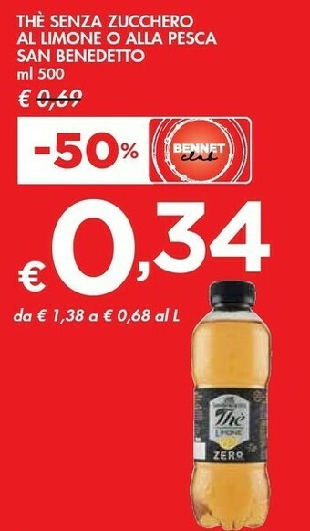 Bennet San Benedetto Thè Zero Zucchero Limone 500 G(ml) offerta