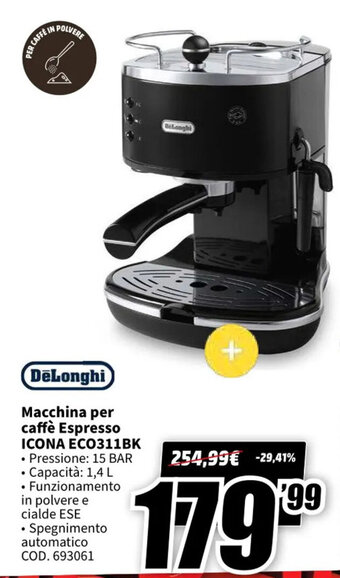 DeLonghi Macchina per caffè Espresso ICONA ECO311BK