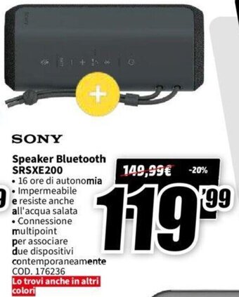 MediaWorld Sony Speaker Bluetooth SRSXE200 offerta