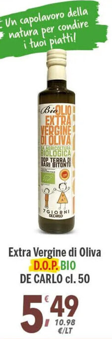 Supermercati Dok De Carlo Extra Vergine di Oliva D.O.P. Bio cl. 50 offerta