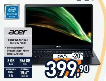Unieuro Acer Aspire 3 A315-34-P4AD Computer Portatile 39,6 Cm (15.6") Full HD Intel® Pentium® Silver 8 GB DDR4-SDRAM 256 GB SSD Wi-Fi offerta