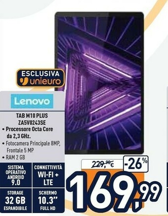 Unieuro Lenovo Tab M10 Plus 4G LTE-TDD & LTE-FDD 32 GB 26,2 Cm (10.3") Mediatek 2 GB Wi-Fi 5 (802.11ac) Android 9.0 Grigio offerta