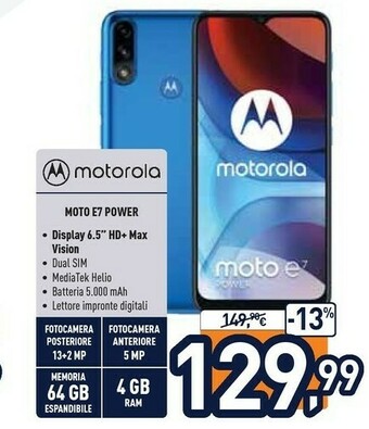 Unieuro Motorola Moto E7 Power 16,5 Cm (6.5") Dual SIM Ibrida Android 10.0 4G USB Tipo-C 4 GB 64 GB 5000 MAh Blu offerta