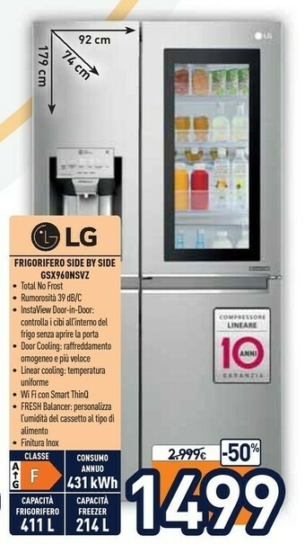 Unieuro LG GSX960NSVZ Frigorifero Side-by-side Libera Installazione 668 L F Acciaio Inossidabile offerta