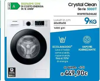Unieuro Samsung WW90TA046AE Lavatrice Libera Installazione Caricamento Frontale 9 Kg 1400 Giri/min Bianco offerta