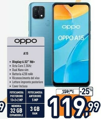 Unieuro Oppo A15 16,6 Cm (6.52") ColorOS 7.2 4G 3 GB 32 GB 4230 MAh Blu offerta