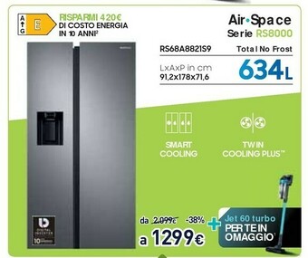 Unieuro Samsung RS68A8821S9 Frigorifero Side-by-side Libera Installazione 634 L E Argento offerta
