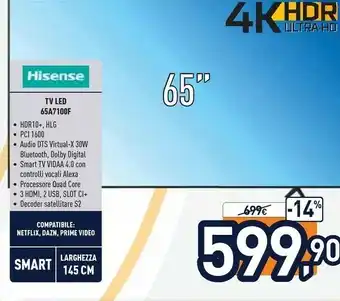 Unieuro Hisense TV LED 65A7100F 65" 4K Ultra HD offerta