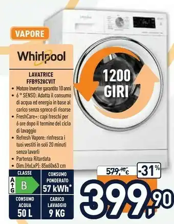Unieuro Whirlpool FFB 9258 CV IT Lavatrice Libera Installazione Caricamento Frontale 9 Kg 1200 Giri/min B Bianco offerta