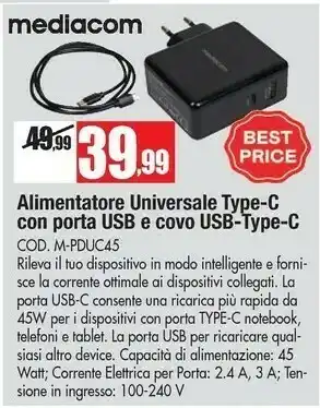 Mediacom Alimentatore Universale Type- C Con Porta Usbe Covo Usb- Type- C