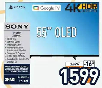 Unieuro Sony BRAVIA XR-55A80J - Smart TV OLED 55 Pollici, 4K Ultra HD, HDR, Con Google TV (Nero, Modello 2021) offerta