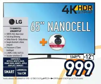 Unieuro LG TV Nanocell 65NANO916P 65" 4K Ultra HD offerta