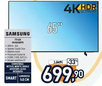 Unieuro Samsung Series 8 UE65AU8070 165,1 Cm (65") 4K Ultra HD Smart TV Wi-Fi Nero offerta