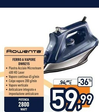 Unieuro Rowenta DW8215 PRO Master Ferro Da Stiro A Vapore Con Funzione Anticalcare, Erogazione Continua Da 45 G/min, Potenza 2800 W,  offerta