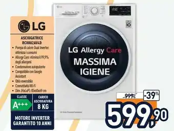Unieuro LG RC80U2AV4D Asciugatrice 8 Kg Pompa Di Calore Libera Installazione Carica Frontale A+++-10% offerta