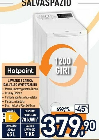 Unieuro Hotpoint WMTG 722B IT/N Lavatrice Libera Installazione Caricamento Dall'alto 7 Kg 1200 Giri/min E Bianco offerta