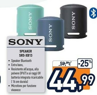 Unieuro Sony SRS-XB13 Altoparlante Portatile Mono Blu 5 W offerta