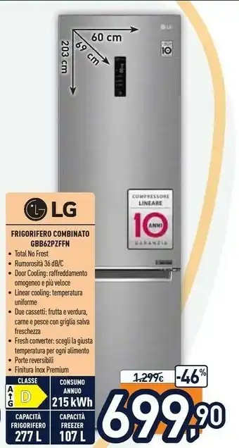 Unieuro LG GBB62PZFFN Frigorifero Con Congelatore Libera Installazione 384 L D Acciaio Inossidabile offerta