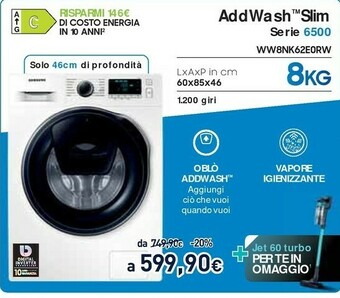 Unieuro Samsung WW8NK62E0RW Lavatrice Libera Installazione Caricamento Frontale 8 Kg 1200 Giri/min C Bianco offerta