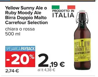 Carrefour Yellow Sunny Ale o Ruby Moody Ale Birra Doppio Malto Carrefour Selection 500 ml offerta